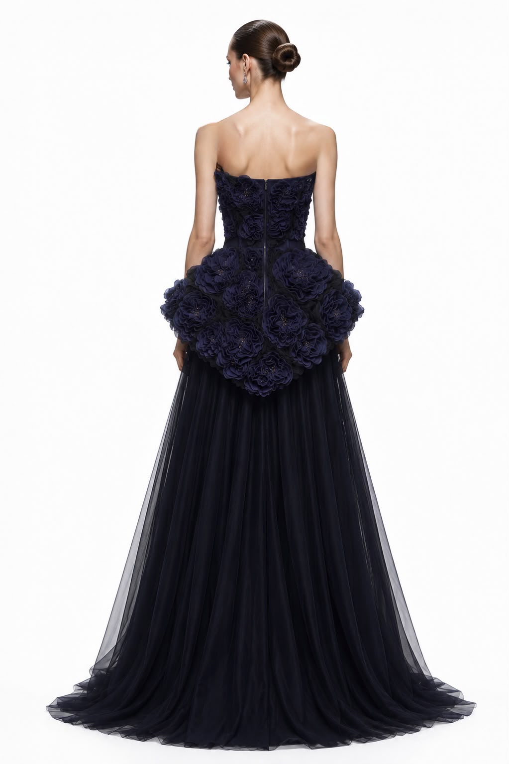 Navy Rosette Peplum Tulle Gown - back