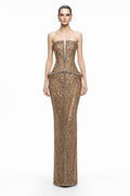 Gold Sequin Crystal-Trim Peplum Gown - front