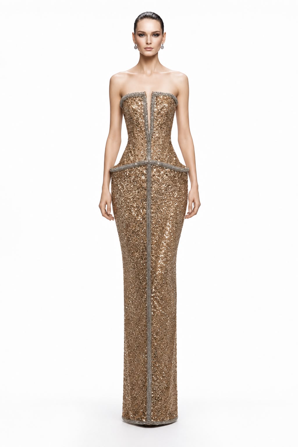 Gold Sequin Crystal-Trim Peplum Gown - front
