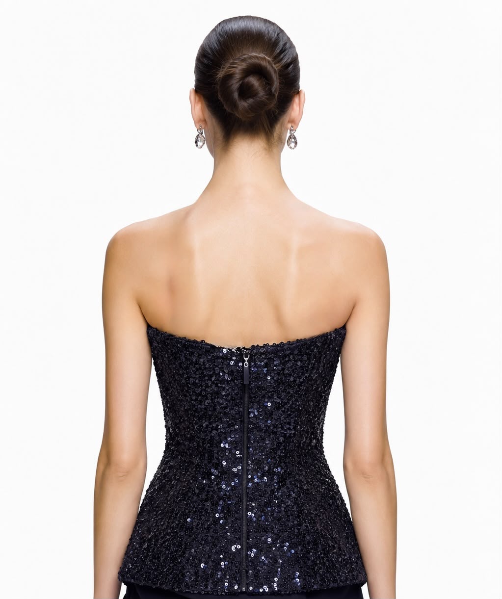 Navy Sequin Peplum Corset Top - back