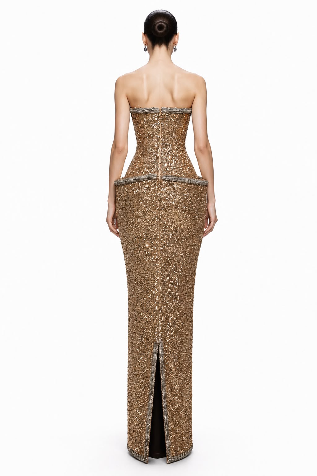 Gold Sequin Crystal-Trim Peplum Gown - back
