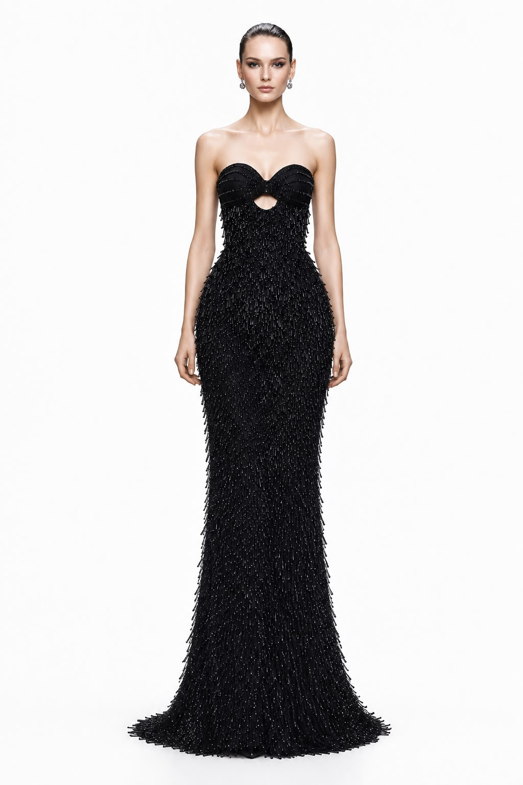 Black Beaded Fringe Mermaid Gown - front