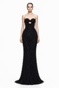 Black Beaded Fringe Mermaid Gown - front