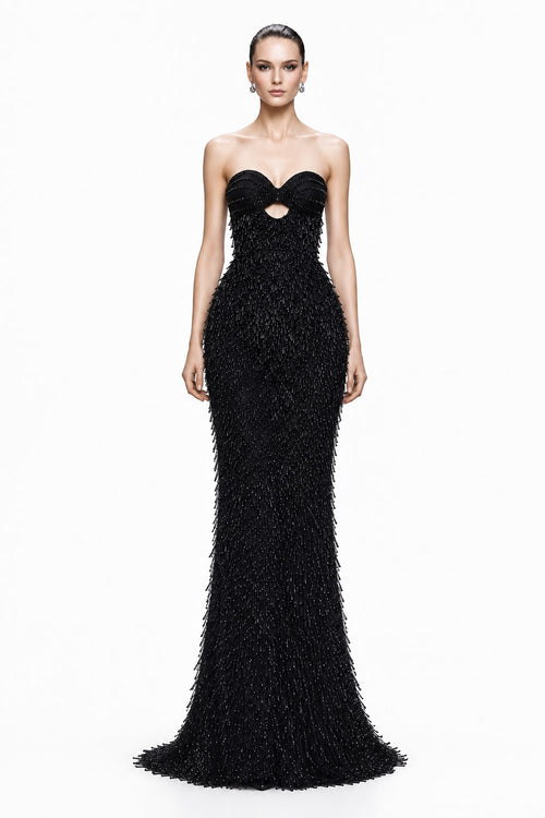 Black Beaded Fringe Mermaid Gown - front