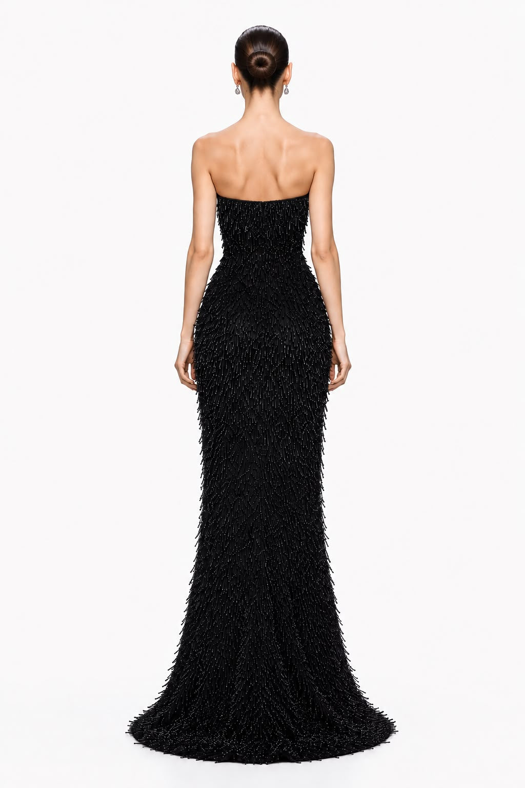Black Beaded Fringe Mermaid Gown - back