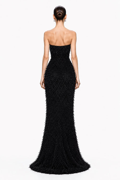 Black Beaded Fringe Mermaid Gown - back