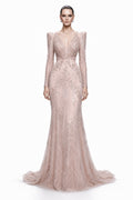 Blush Beaded Lace Long-Sleeve Gown - front