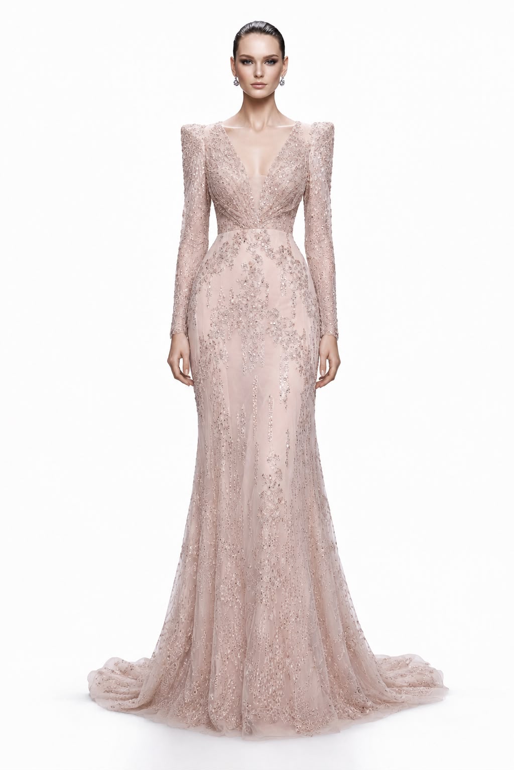 Blush Beaded Lace Long-Sleeve Gown - front