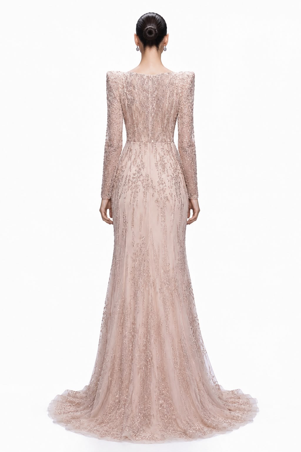 Blush Beaded Lace Long-Sleeve Gown - back