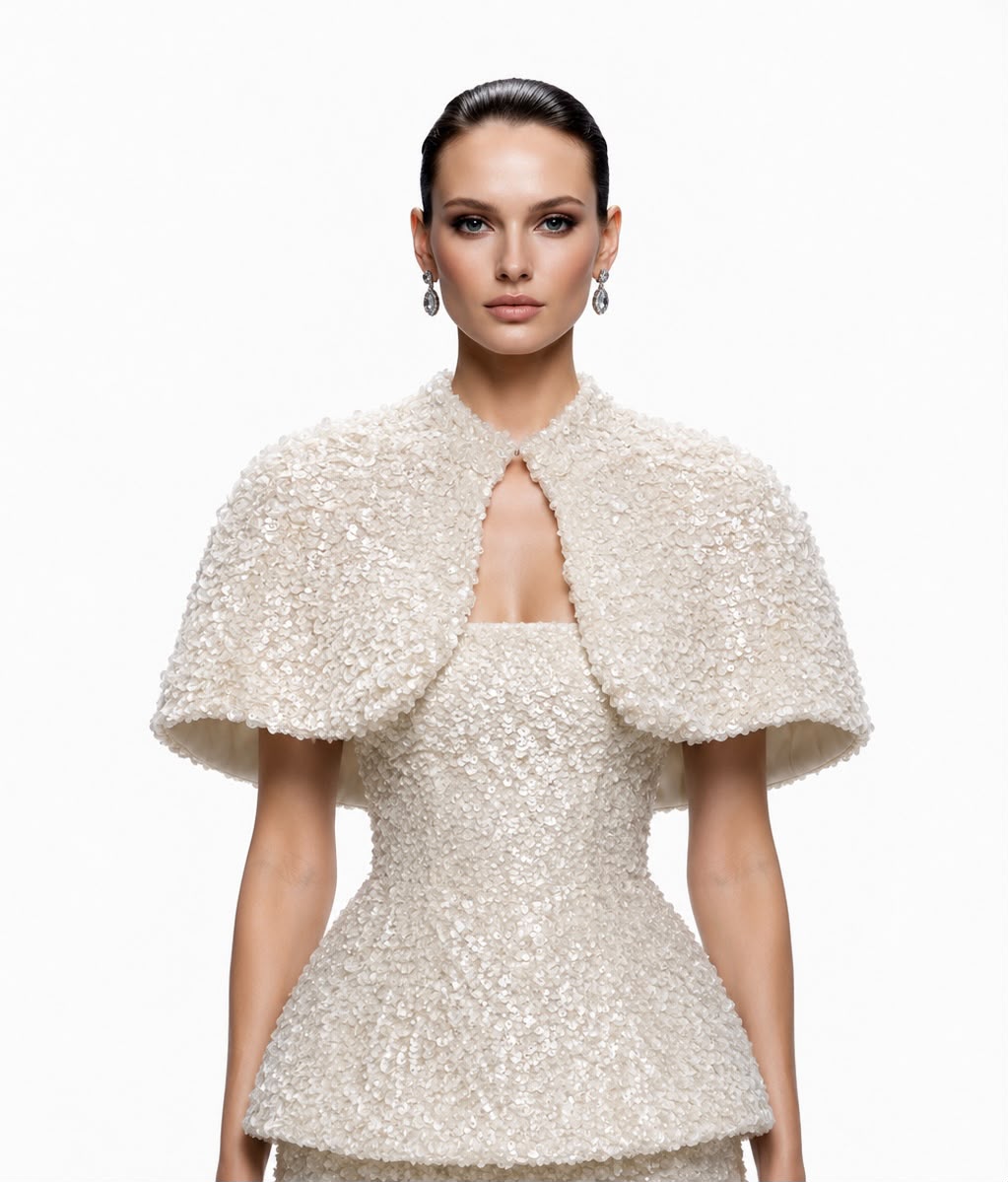 Ivory Pearl Sequin Capelet Set - front