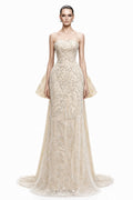 Ivory Beaded Peplum Mermaid Gown - front