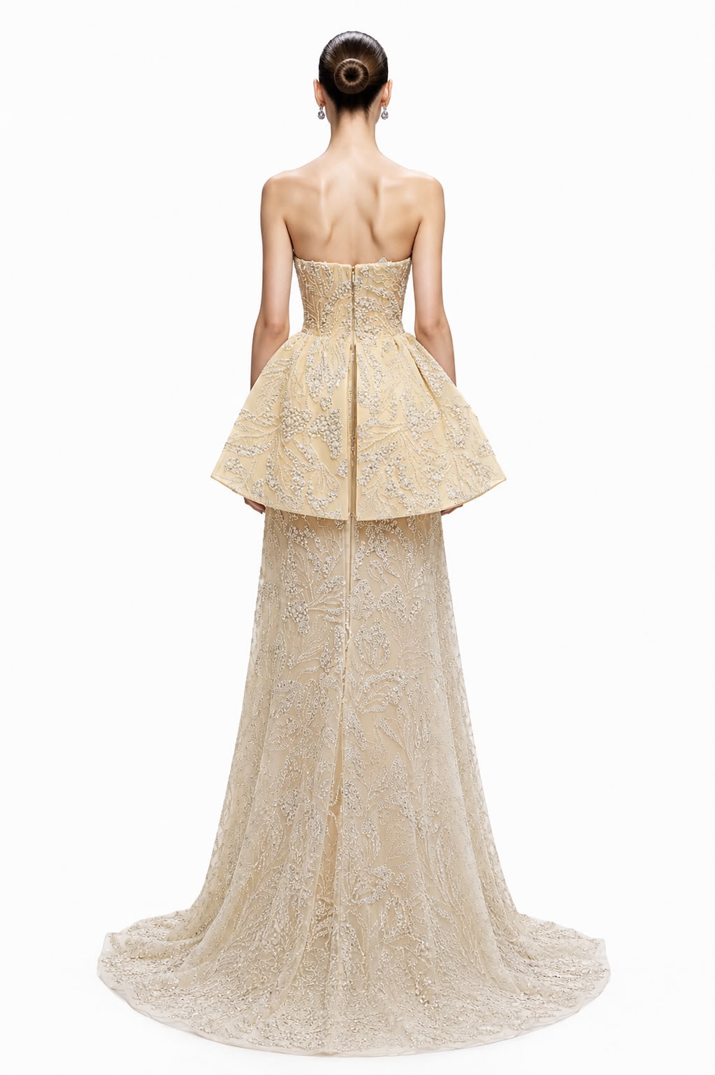 Ivory Beaded Peplum Mermaid Gown - back
