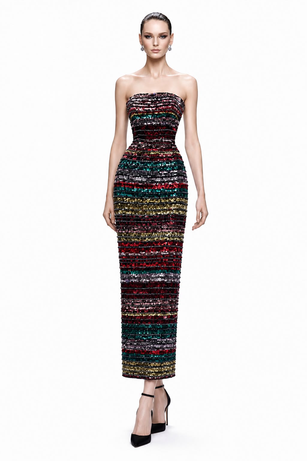 Multicolor Sequin Stripe Column Dress - front