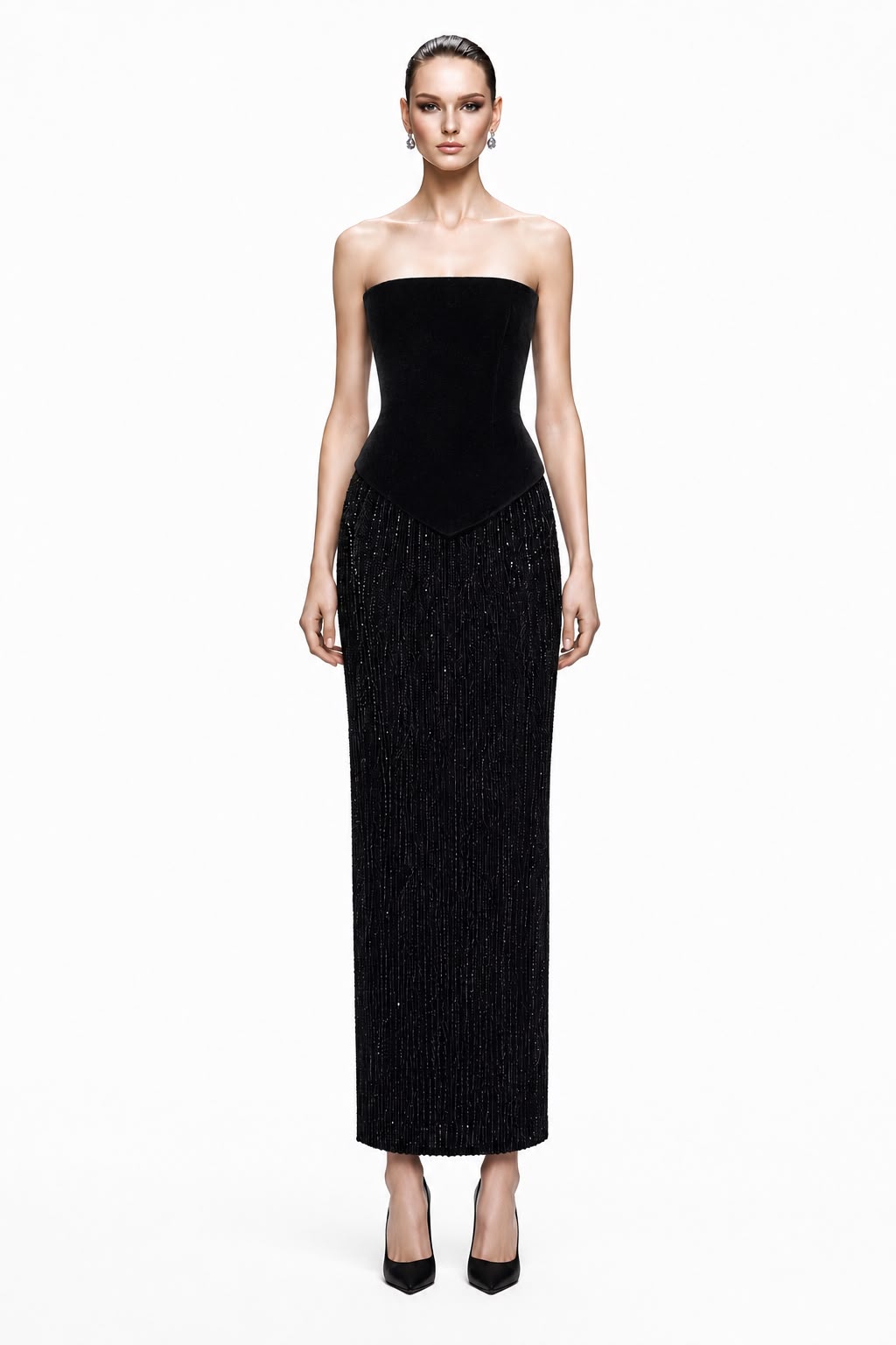 Black Velvet & Beaded Column Gown - front