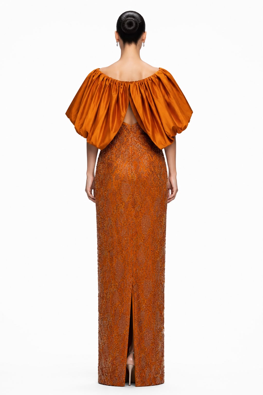 Amber Puff-Sleeve Beaded Column Gown - back