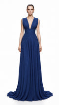 Navy Pleated Chiffon Grecian Gown - front