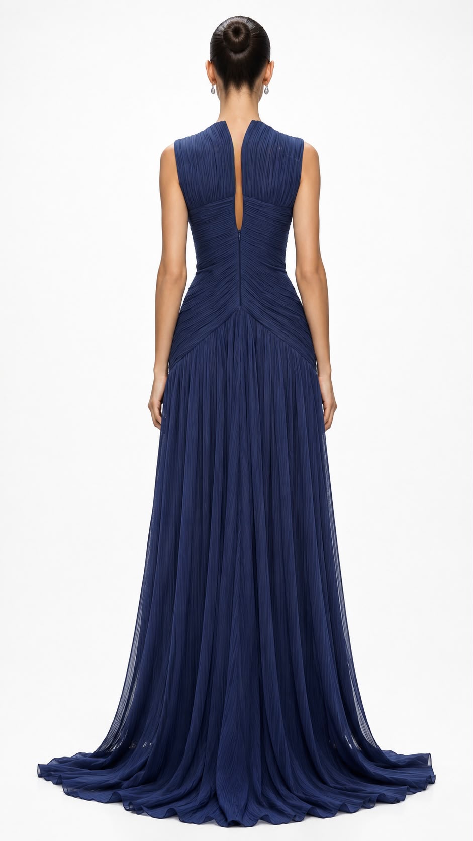 Navy Pleated Chiffon Grecian Gown - back
