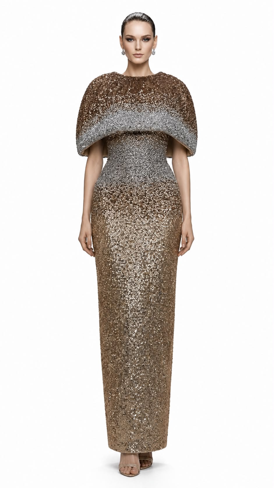 Bronze Ombré Sequin Caplet Gown - front