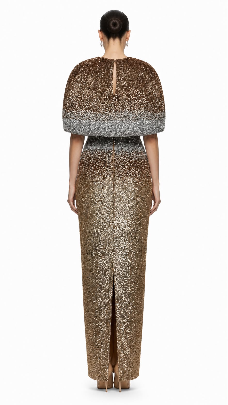 Bronze Ombré Sequin Caplet Gown - back