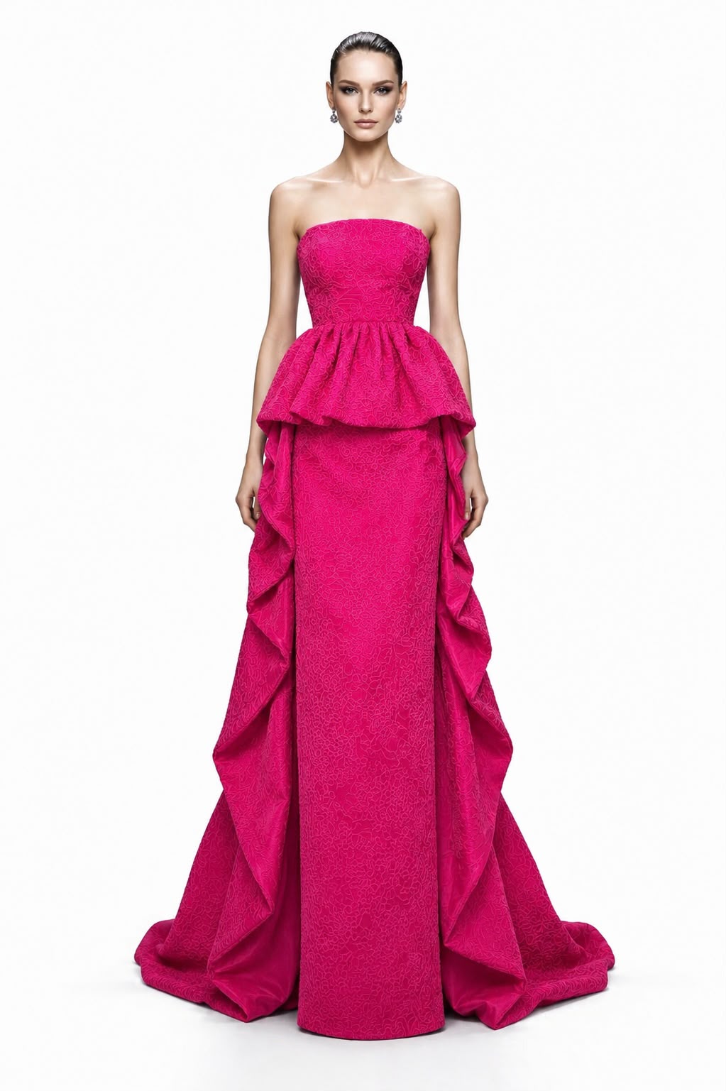 Fuchsia Brocade Peplum Gown - front