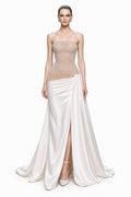 Nude Beaded Bodice Satin-Wrap Gown - front
