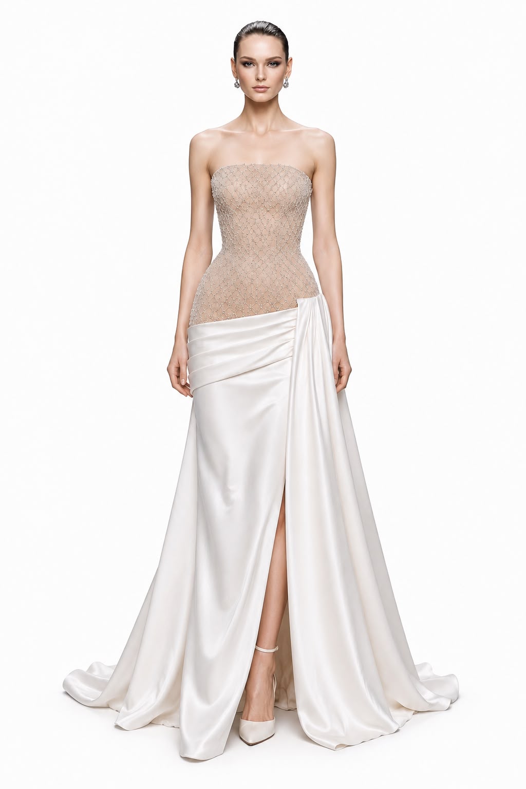 Nude Beaded Bodice Satin-Wrap Gown - front
