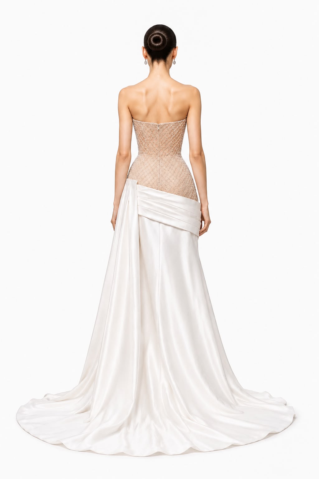 Nude Beaded Bodice Satin-Wrap Gown - back
