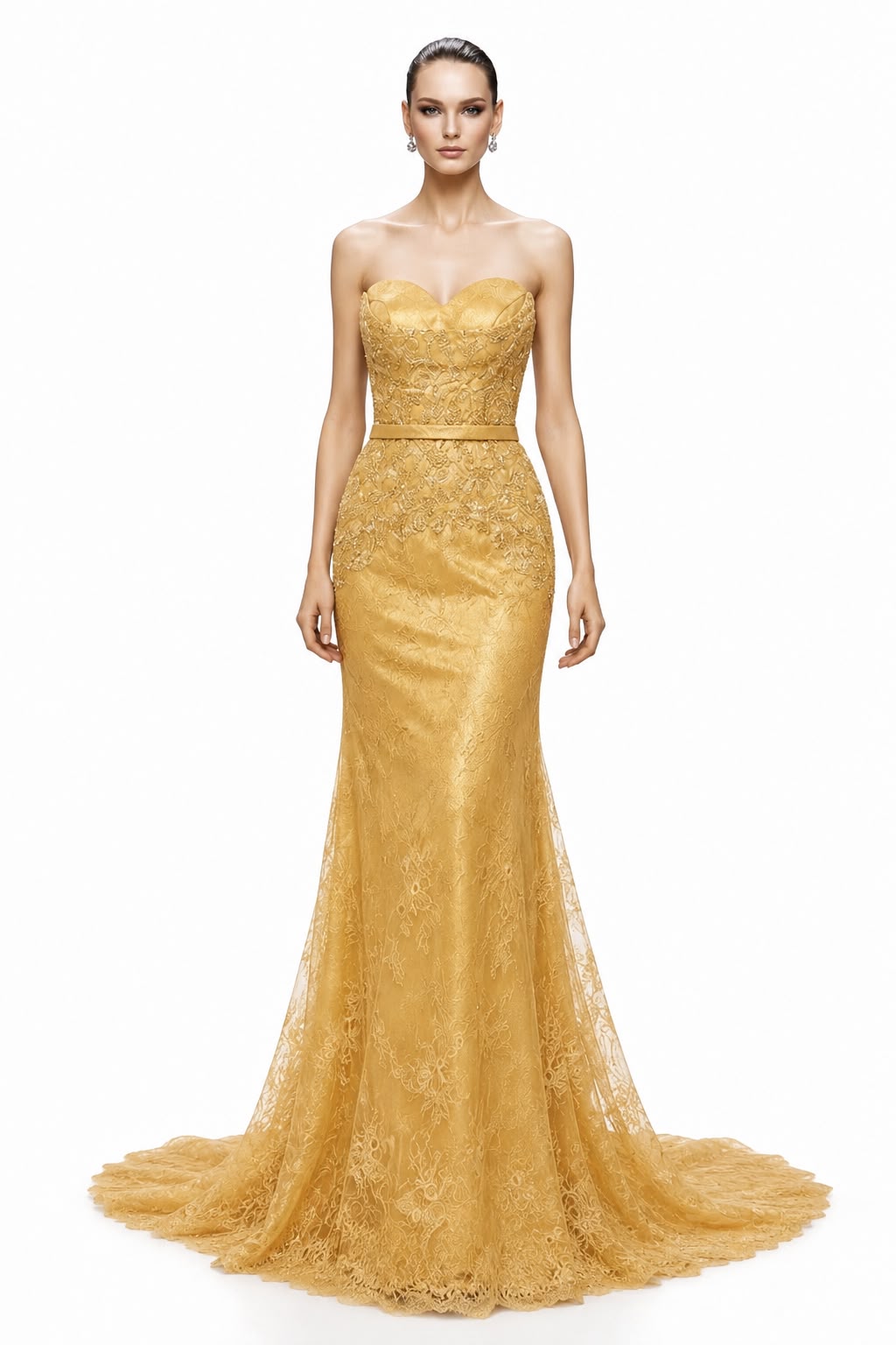 Gold Lace Mermaid Gown - front