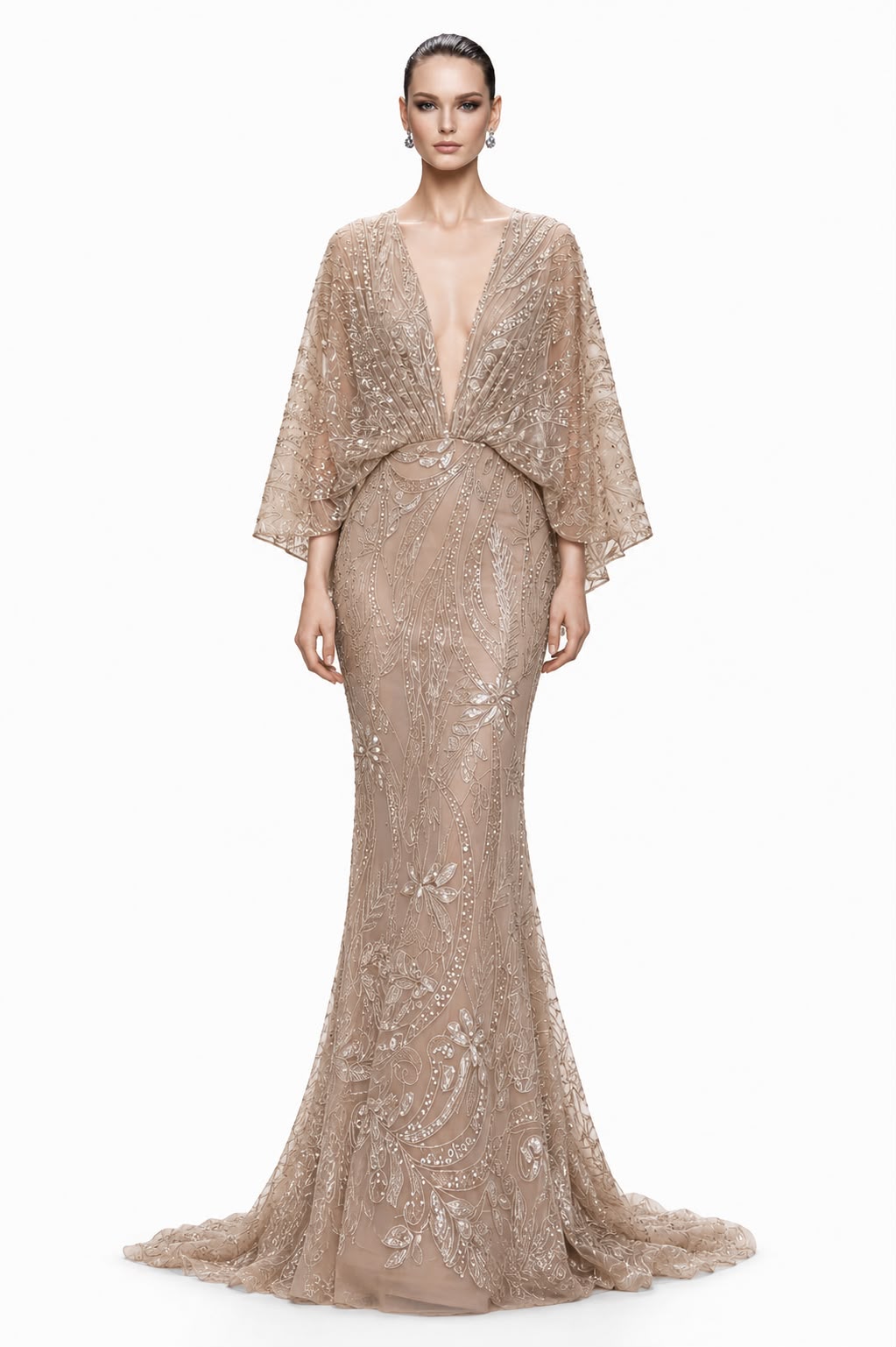 Champagne Beaded Kimono-Sleeve Mermaid Gown - front