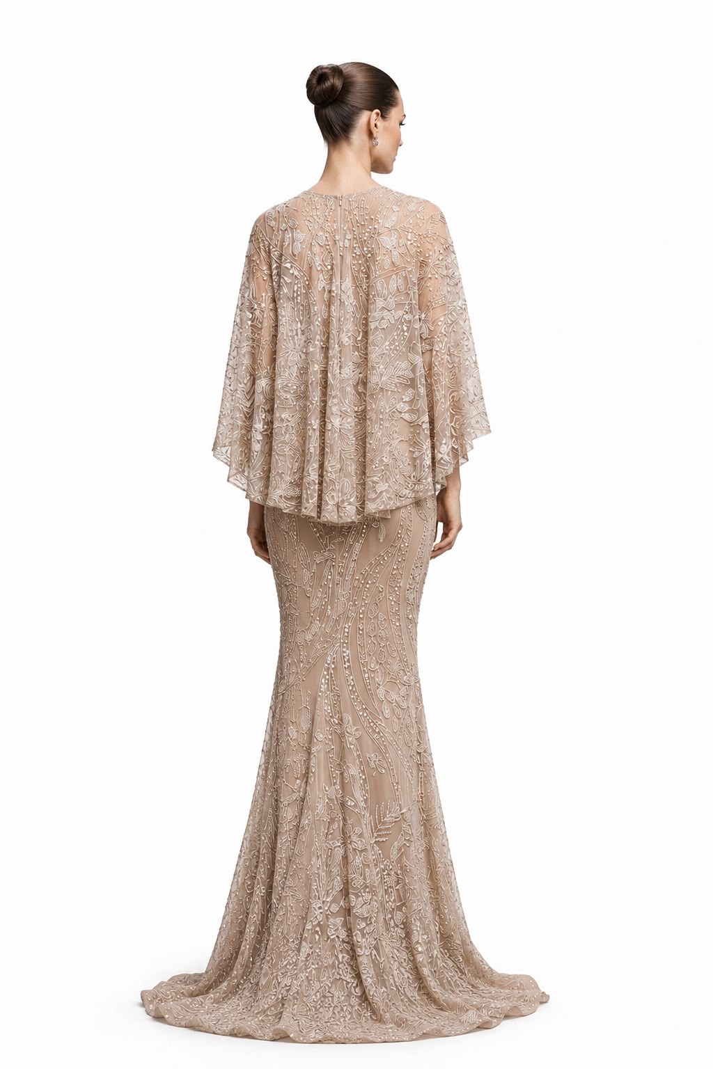 Champagne Beaded Kimono-Sleeve Mermaid Gown - back