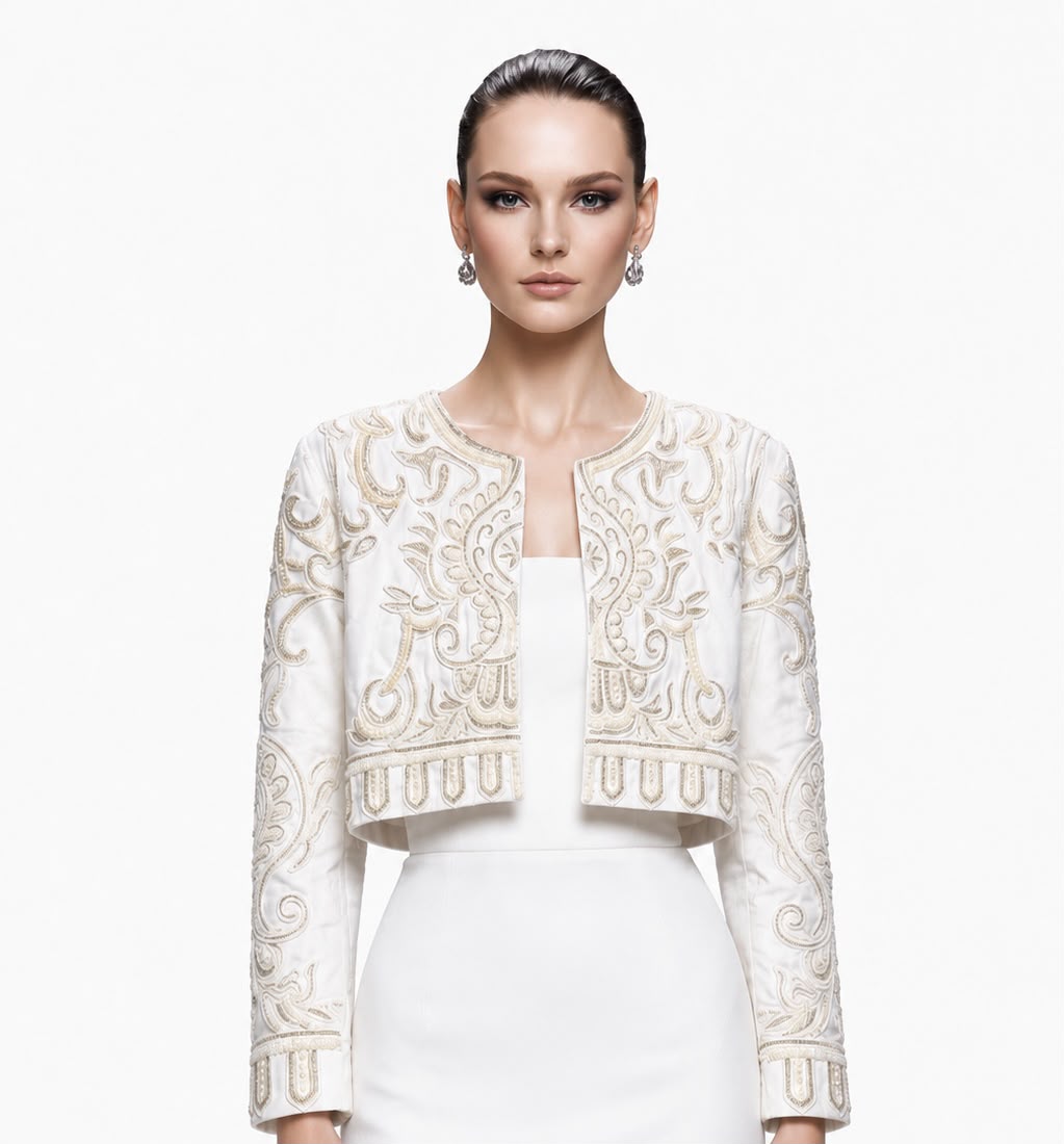 Ivory Beaded Bolero Jacket - front