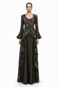 Olive Sequin Bell-Sleeve Ruffle Gown - front