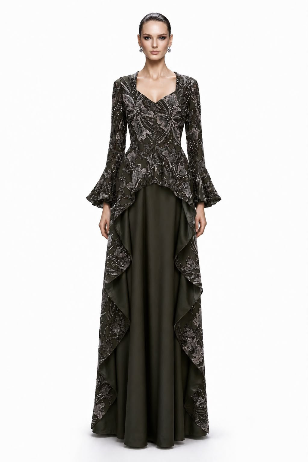 Olive Sequin Bell-Sleeve Ruffle Gown - front