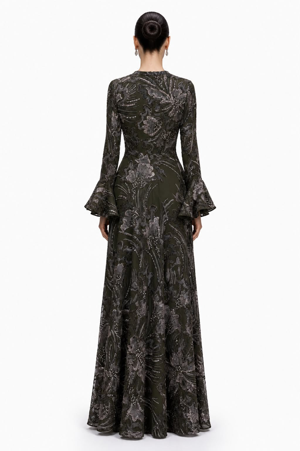 Olive Sequin Bell-Sleeve Ruffle Gown - back