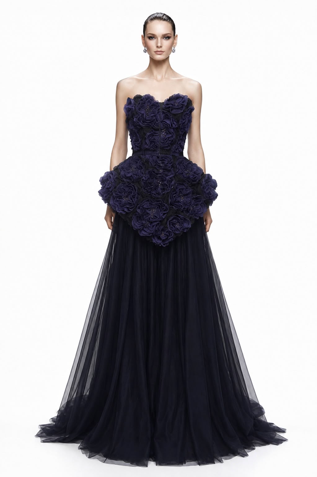 Navy Rosette Peplum Tulle Gown - front