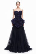 Navy Rosette Peplum Tulle Gown - front