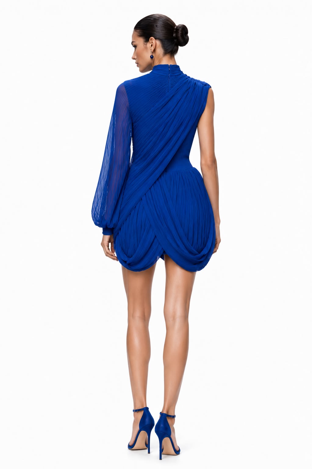 Cobalt Pleated Chiffon Cape Dress - front