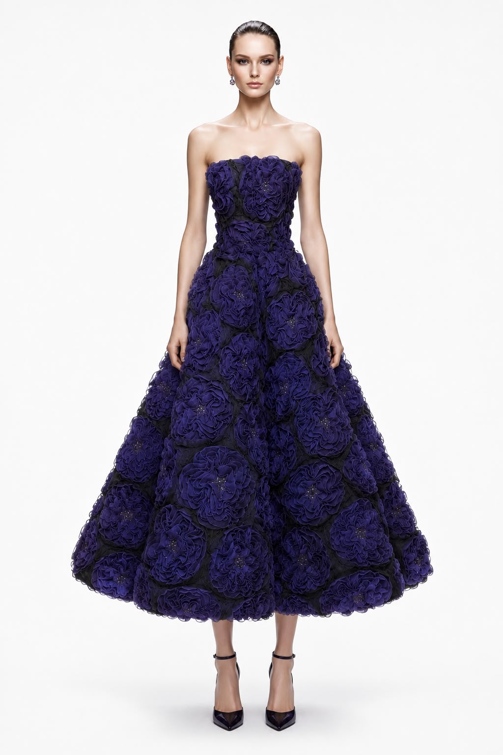 Indigo Rosette Tea-Length Gown - front