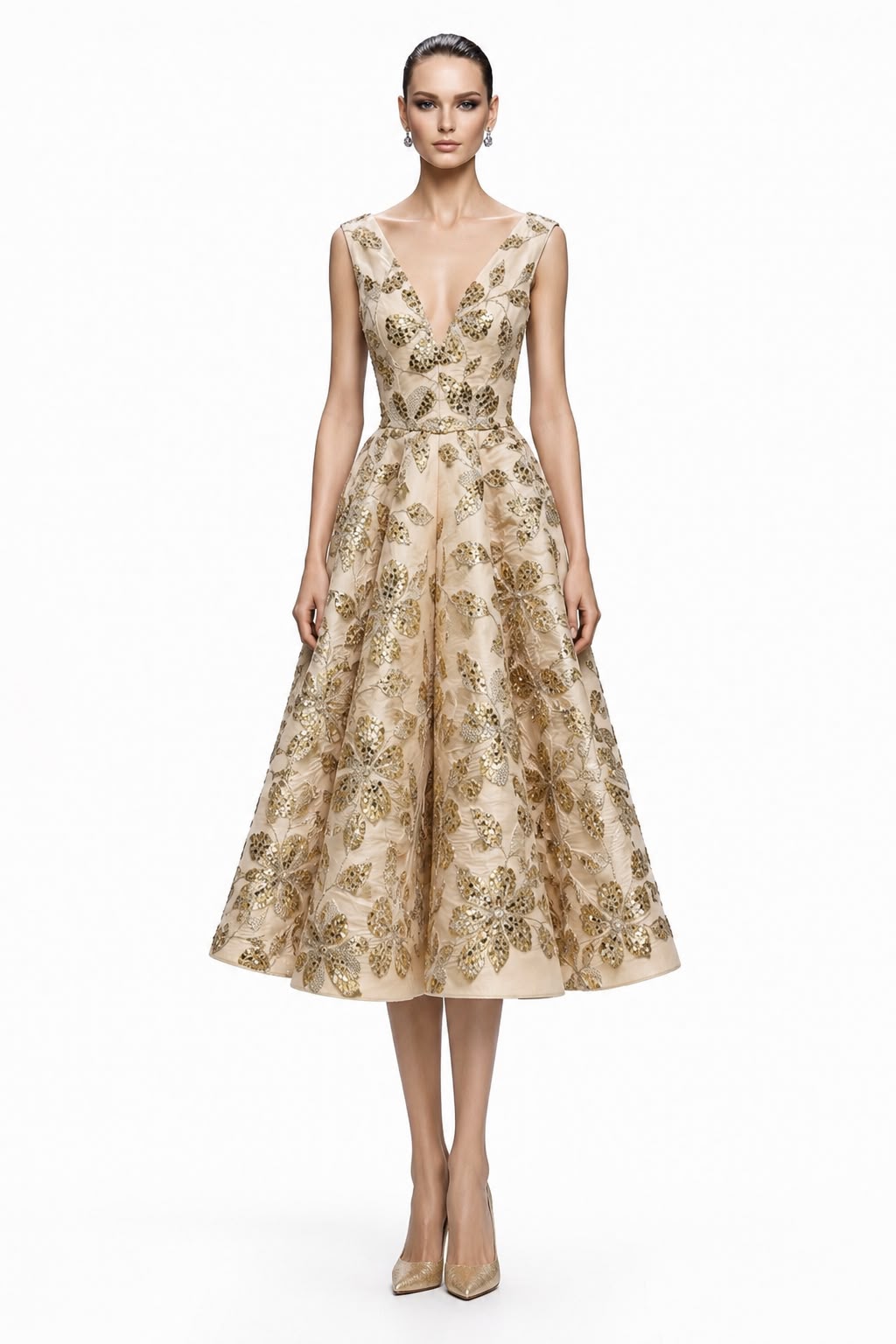 Gold Floral Sequin Tea Dress - front