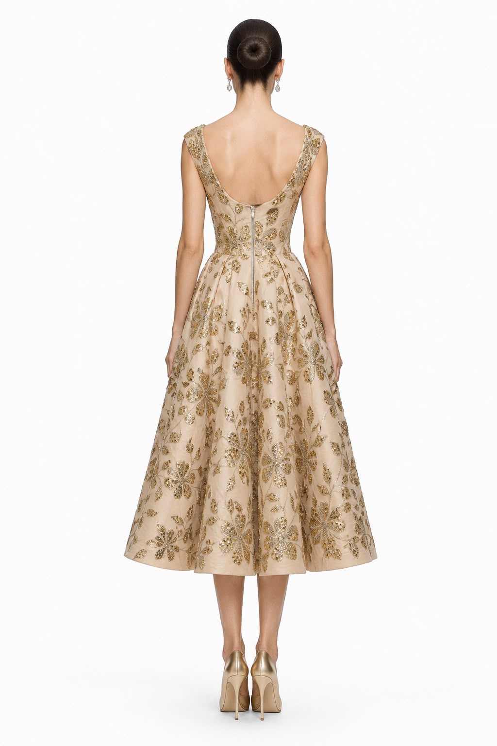 Gold Floral Sequin Tea Dress - back
