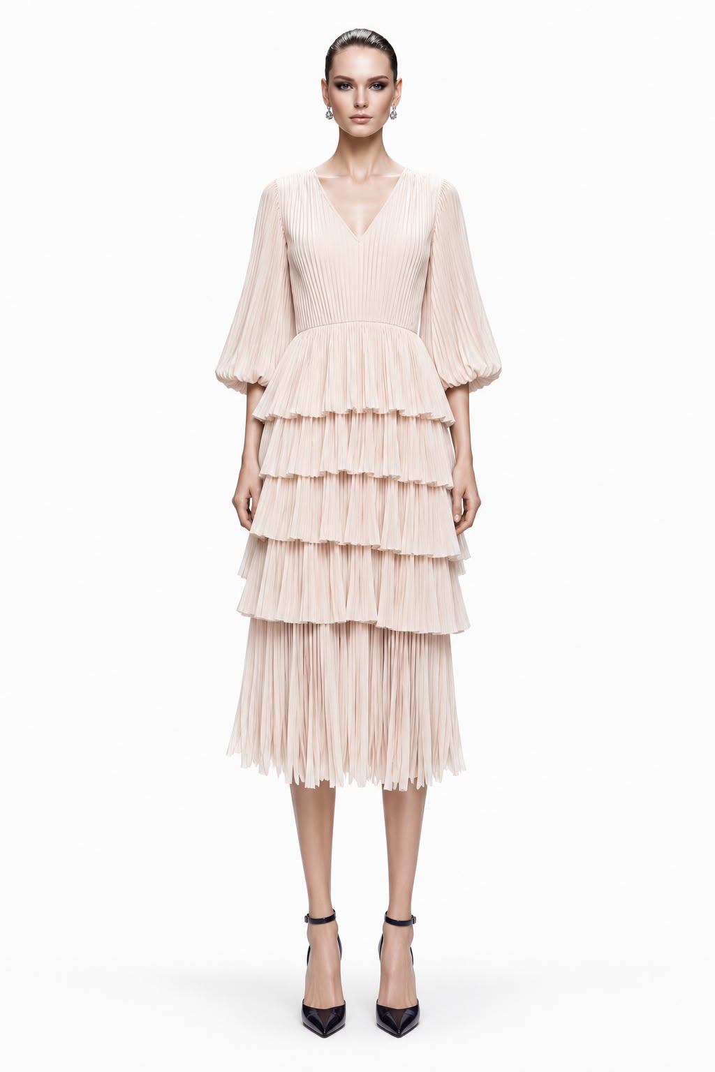 Blush Pleated Tiered Midi Dress - front