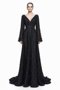 Black Beaded Bell-Sleeve Gown - front