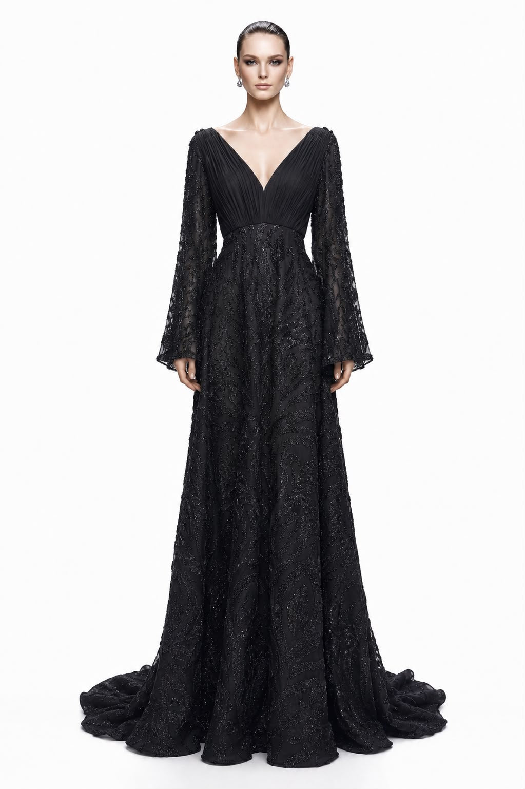 Black Beaded Bell-Sleeve Gown - front