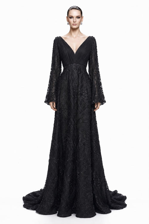 Black Beaded Bell-Sleeve Gown - front
