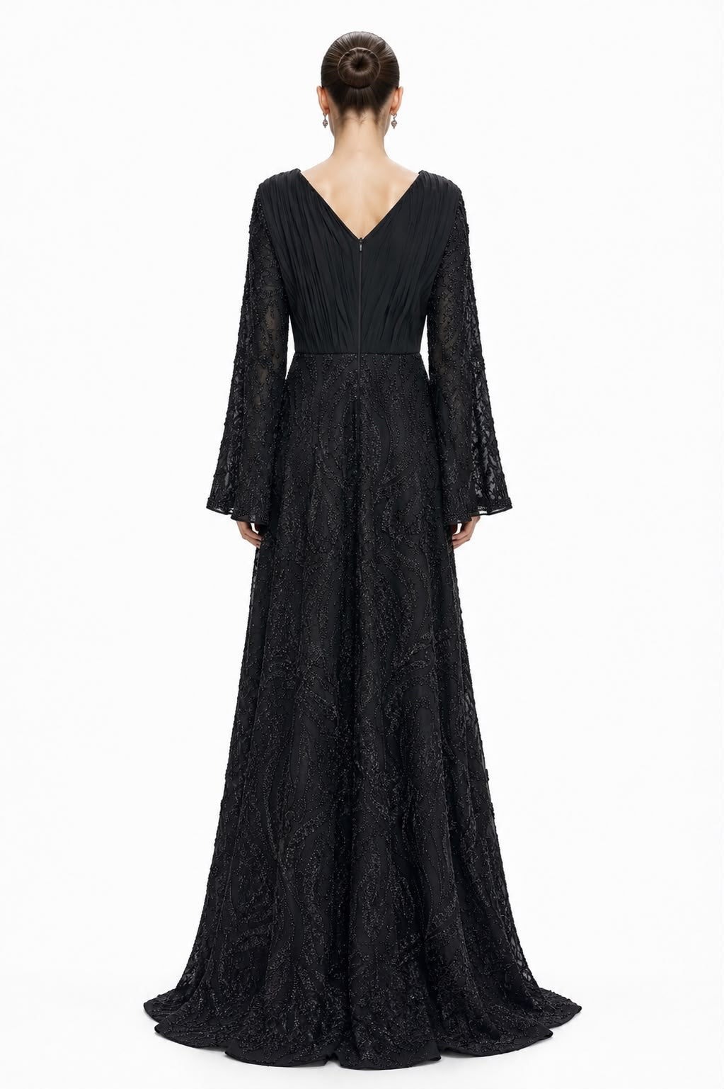 Black Beaded Bell-Sleeve Gown - back