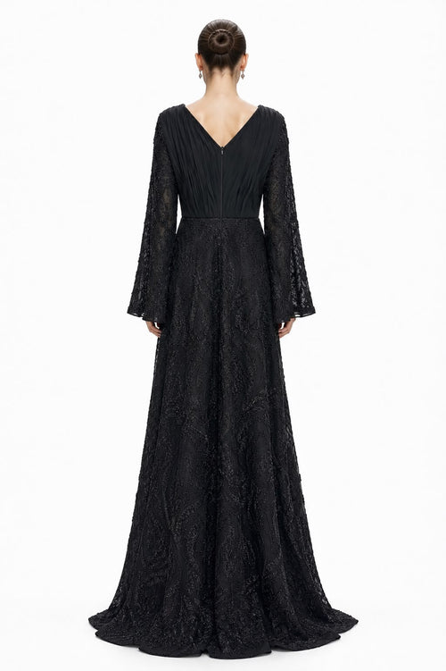 Black Beaded Bell-Sleeve Gown - back