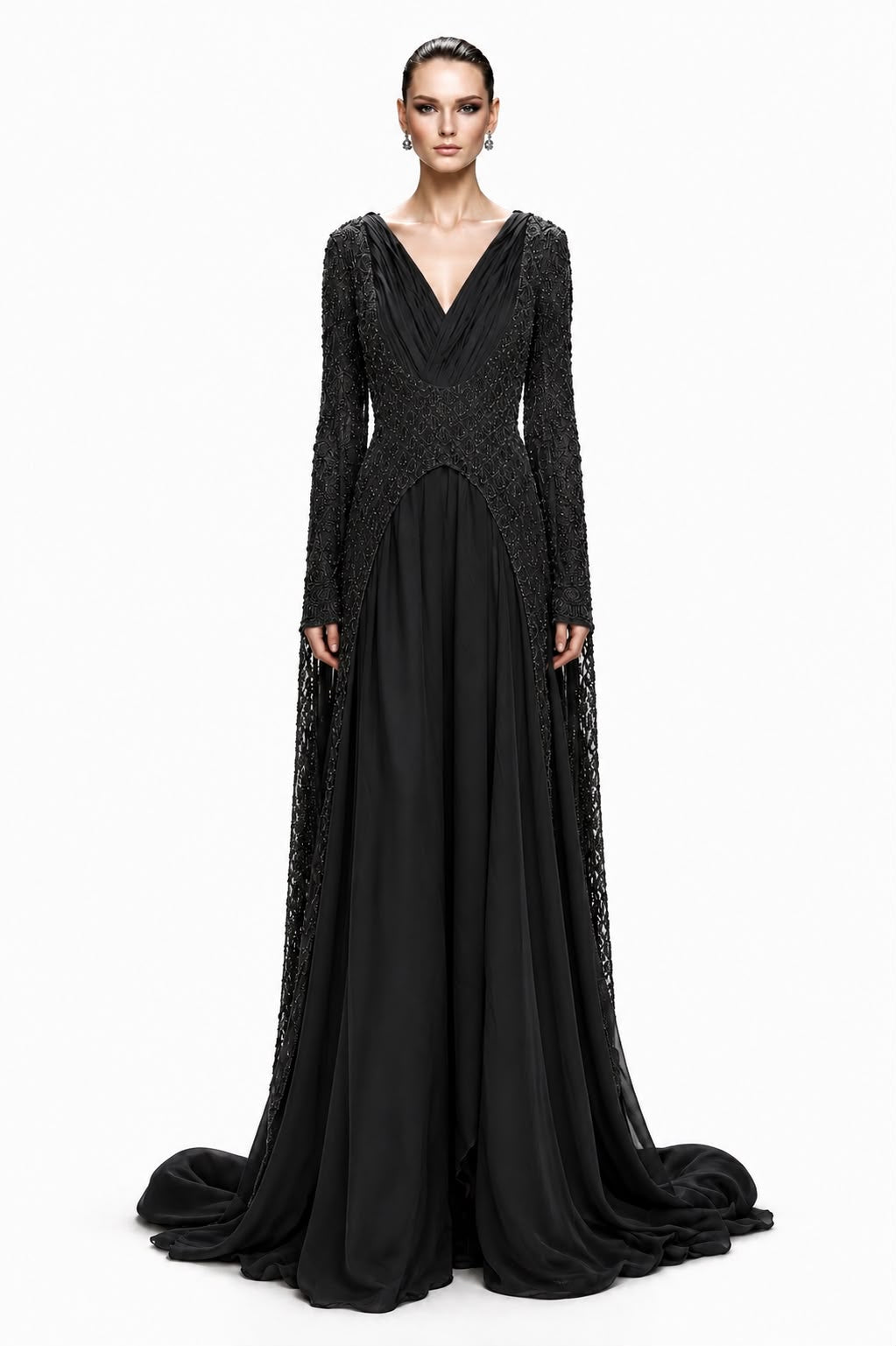 Black Beaded Cape-Panel Gown - front