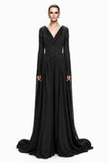 Black Beaded Cape-Panel Gown - front