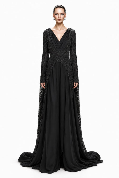 Black Beaded Cape-Panel Gown - front