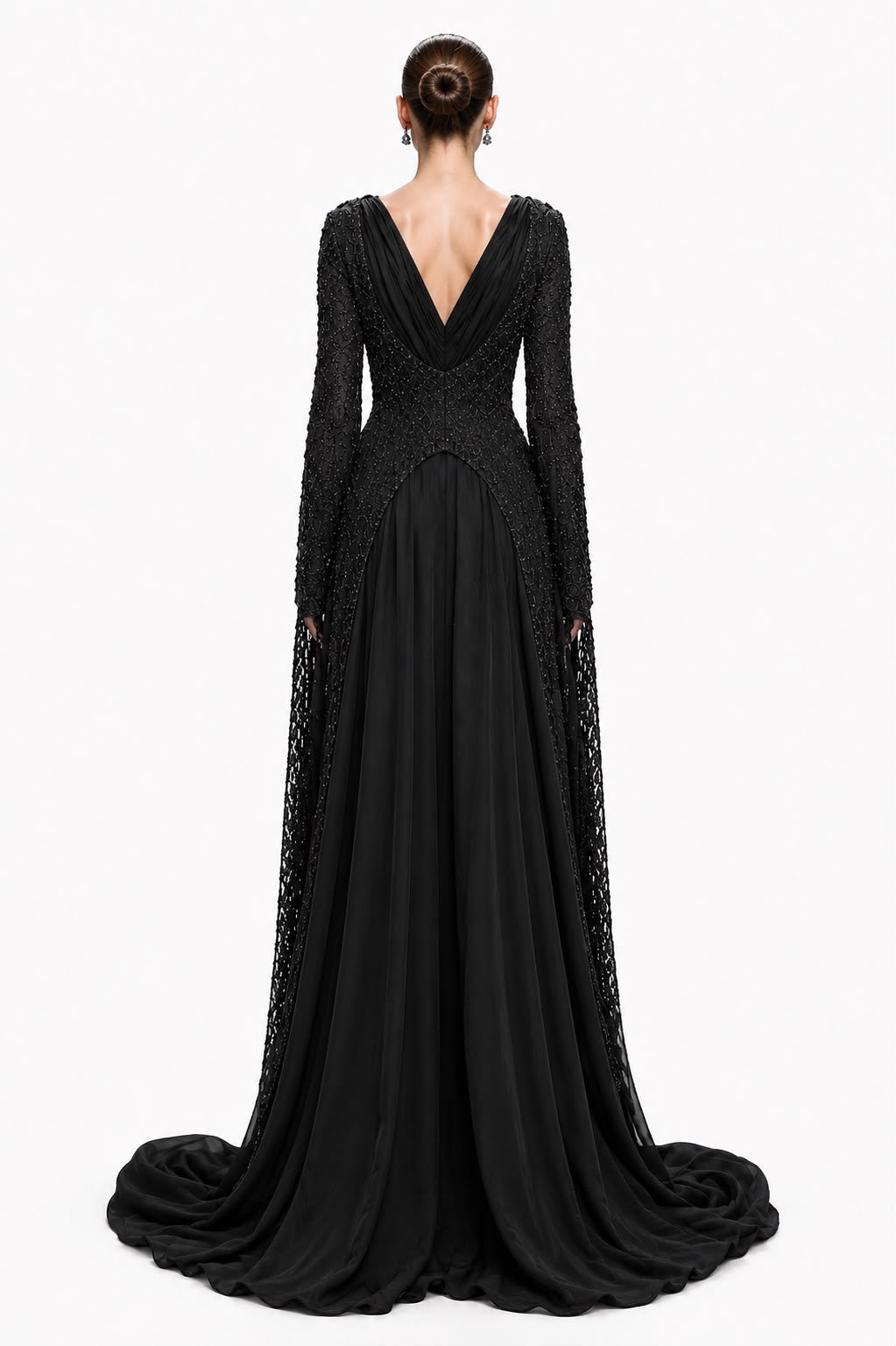 Black Beaded Cape-Panel Gown - back
